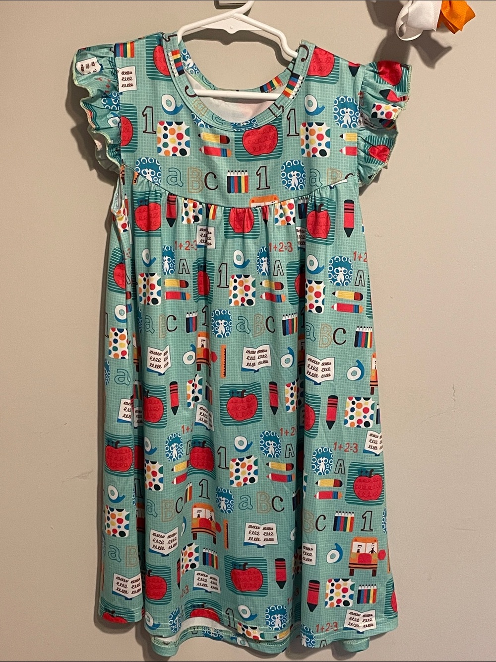 Girls' Teal School-Print Dress with Red Accents 7Y